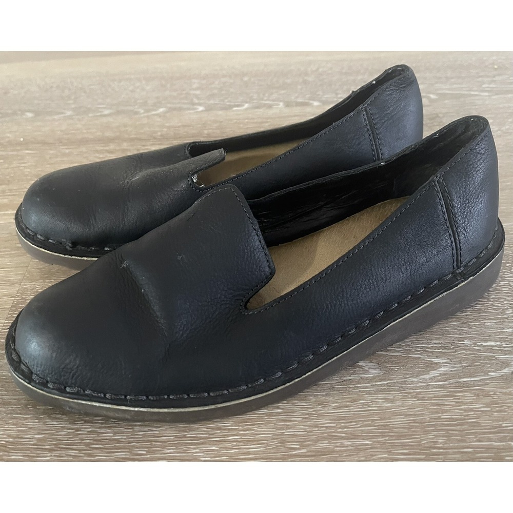 LL Bean Womens Stonington Sz 8.5 Black Flat Leather Loafer Slip On Rubber‎ Sole